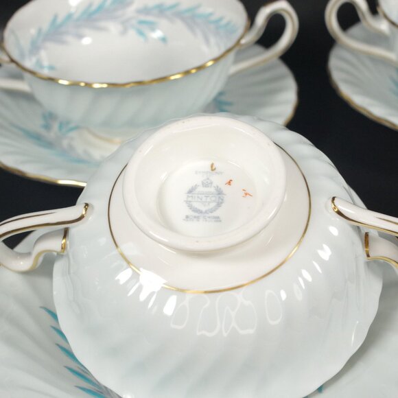 Set of 3 Minton "Symphony Blue" Footed Cream Soup Bowls and Saucers Bone China - Picture 5 of 7